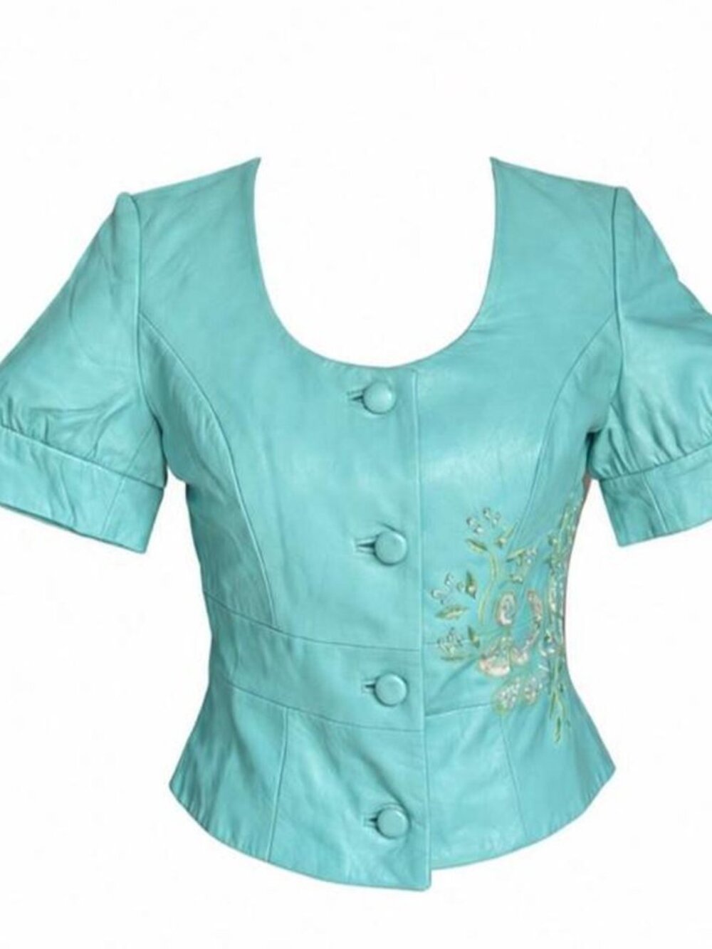 Vintage turquoise blue leather button down blouse/jacket with puff sleeves - Picture 1 of 7